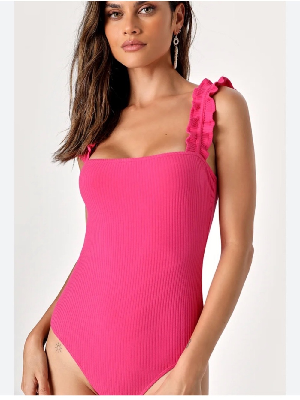 Ribbed Hot Pink Ruffle Strap One-Piece bodysuit XXL